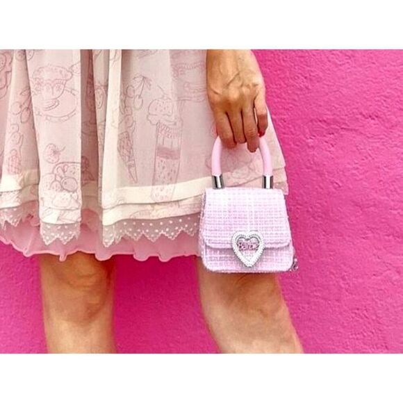 ALDO X BARBIE Pink Tweed Rhinestone Heart Mini Satchel/Crossbody Bag - Picture 7 of 7